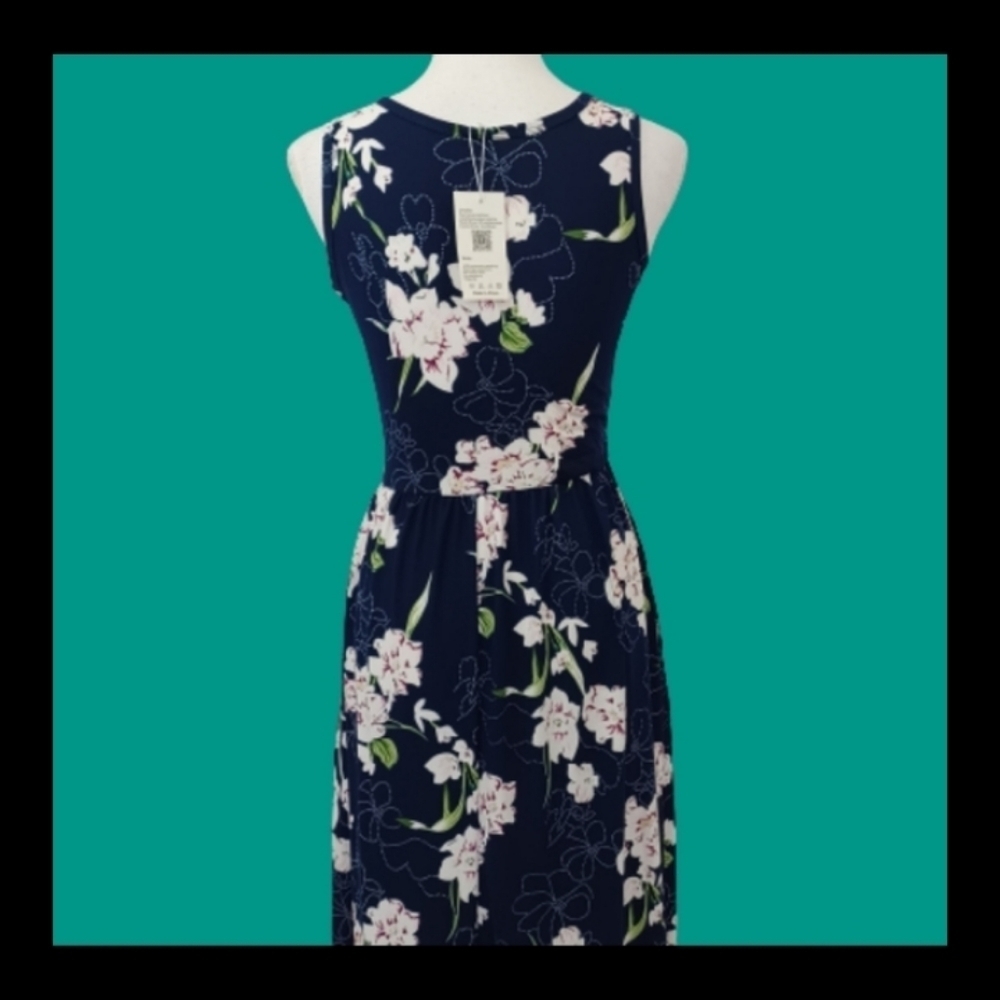 AUSELILY Blue Navy Garden Floral Maxi Soft Stretchy Modest Pocket Summer Dress - Picture 7 of 15